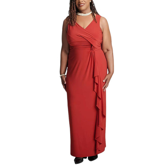 KASPER Women's Charlotte V-Neck Ruffle-Trim Maxi Dress Crimson XXL - Picture 1 of 7